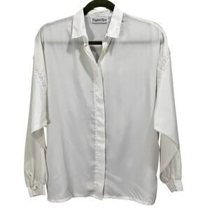 Vintage 90s English Rose White semi-sheer collared Button-Up Top with Lace Trim